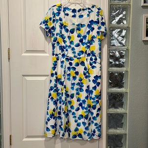 Blue and lemon eShakti scalloped square necked dress